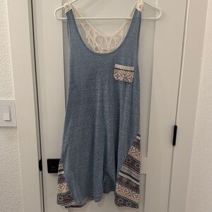 Blue Crochet-Back Beach Dress with Patterned Trim